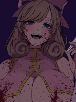 1girl bare_shoulders blood blood_in_hair blood_on_arm blood_on_breasts blood_on_chest blood_on_clothes blood_on_face blood_on_hands blood_splatter blood_stain blush bow breasts bridal_gauntlets brown_hair cleavage crazy crazy_eyes crazy_smile curly_hair green_eyes hair_bow haruka_(senran_kagura) holding holding_syringe huge_breasts lemonrou looking_at_viewer open_mouth pink_bow senran_kagura senran_kagura_shoujo-tachi_no_shin'ei short_hair smile solo swept_bangs syringe teeth tongue upper_body upper_teeth_only