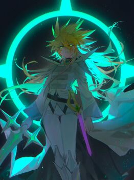 1boy alien_888 antenna_hair arm_at_side armor armored_boots black_background blonde_hair boots clenched_hand coat energy_ring facial_mark facing_viewer glowing green_eyes hair_between_eyes hair_slicked_back high_collar highres holding holding_sword holding_weapon knee_boots kuaidul_velgear light_particles long_hair looking_at_viewer male_focus outdoors pants popped_collar scabbard sheath sheathed shirt shoulder_armor spiked_hair sword untucked_shirt weapon white_coat white_pants wind yu-gi-oh! yu-gi-oh!_go_rush!!