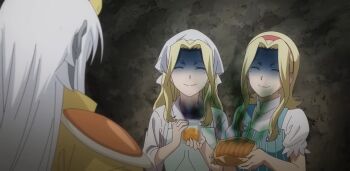 1boy 2girls alma_timiano apron blonde_hair bread breasts closed_eyes false_smile felicia_timiano food hairband highres jealous large_breasts long_hair multiple_girls poison re:monster shaded_face siblings sisters smile stitched third-party_edit