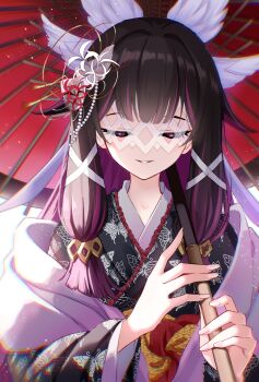 1girl alternate_costume black_hair black_kimono butterfly_print_kimono closed_eyes columbina_(genshin_impact) commentary_request fingernails genshin_impact hair_ornament hands_up highres holding holding_umbrella japanese_clothes kimono long_hair long_sidelocks obi oil-paper_umbrella parted_lips purple_hair red_sash red_umbrella sash sazanka sidelocks solo umbrella upper_body very_long_hair wing_hair_ornament