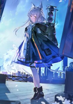 Rule 34 | 1girl, absurdres, animal ears, arknights, backpack, bag, black gloves, blue sky, book, boots, cat ears, cat girl, cat tail, chinese commentary, closed mouth, commentary request, day, dress, earpiece, fingerless gloves, full body, gloves, green eyes, grey hair, highres, hood, hood down, jacket, long hair, looking at viewer, outdoors, poxiao buff, rosmontis (arknights), sky, solo, standing, tail, white dress, white hair