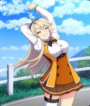 Rule 34 | 1girl, ahoge, arm behind head, arms up, asymmetrical legwear, black bow, black bowtie, black hairband, blonde hair, blue sky, blush, bow, bowtie, breasts, brown dress, brown skirt, buttons, closed eyes, closed mouth, cloud, cowboy shot, day, dress, fence, game cg, hairband, kohagura ellen, large breasts, long hair, long sleeves, mountain, official art, orange vest, osafune girls academy school uniform, outdoors, road, school uniform, shirt, single thighhigh, skirt, sky, smile, solo, street, stretching, thighhighs, third-party source, toji no miko, toji no miko: kizamishi issen no tomoshibi, underbust, vest, white shirt, white thighhighs