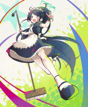 1girl :d absurdly_long_hair absurdres apron aris_(blue_archive) black_dress black_hair blue_archive blue_eyes blush borrowed_clothes broom dress frilled_apron frills full_body green_halo halo highres holding holding_broom holding_mop long_hair looking_at_viewer maid maid_apron maid_headdress mop ohun open_mouth pantyhose ponytail puffy_short_sleeves puffy_sleeves shoes short_sleeves smile solo very_long_hair white_apron white_pantyhose wrist_cuffs