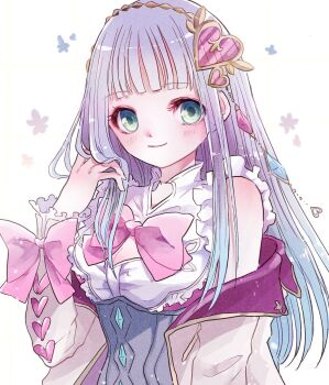 Rule 34 | 1girl, atelier (series), atelier lulua, blunt bangs, bow, bowtie, breasts, cleavage, closed mouth, commentary request, ebi (shrimp0905), elmerulia frixell, green eyes, grey hair, hair ornament, hand up, heart, heart hair ornament, highres, jacket, long hair, long sleeves, looking at viewer, off shoulder, pink bow, pink bowtie, pink jacket, smile, solo, upper body, white background