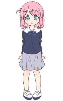 1girl :o aqua_eyes arms_behind_back black_shirt bocchi_the_rock! child full_body gotoh_futari grey_skirt hair_bobbles hair_ornament hairclip heart heart_hair_ornament highres looking_at_viewer mel_(melty_pot) parted_lips pink_hair shirt shoes short_hair simple_background skirt socks solo white_background white_shoes white_socks
