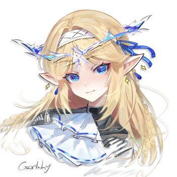 1girl absurdres ascot blonde_hair car1nly cartethyia_(wuthering_waves) chinese_commentary closed_mouth commentary_request crown_of_thorns earrings hair_intakes hairband highres jewelry light_smile long_hair looking_at_viewer multiple_earrings partial_commentary pointy_ears sidelocks signature simple_background solo white_ascot white_background white_hairband wuthering_waves