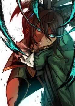 Rule 34 | 1girl, animal ears, ascot, black gloves, black hair, blue eyes, breasts, commentary request, dark-skinned female, dark skin, earrings, eye trail, gloves, green jacket, green shorts, hair between eyes, hasewo, highres, horse ears, horse girl, jacket, jewelry, light trail, long hair, long sleeves, looking at viewer, midriff, open mouth, ponytail, running, shorts, single earring, solo, symboli kris s (onyx soldier) (umamusume), symboli kris s (umamusume), teeth, umamusume, white ascot