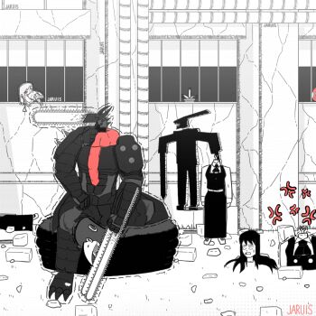 1boy 3girls anger_vein animated animated_gif building cartoon_bone chainsaw chainsaw_devil chainsaw_man dress earrings eating fami_(chainsaw_man) famine_devil_(chainsaw_man) guillotine_devil_(chainsaw_man) intestine_clothing jaruis jewelry long_hair looping_animation mitaka_asa multiple_girls outdoors partially_colored pinafore_dress severed_head sleeveless sleeveless_dress sweatdrop window