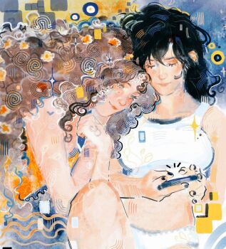 2girls aerith_gainsborough astercat bare_arms bare_shoulders black_bra black_hair black_nails bra breasts brown_hair closed_eyes closed_mouth commentary crop_top curly_hair english_commentary final_fantasy final_fantasy_vii final_fantasy_vii_remake green_eyes hair_between_eyes holding holding_phone leaning_on_person light_smile long_hair medium_breasts midriff multiple_girls nail_polish panties parted_bangs phone shirt sleeveless sleeveless_shirt sports_bra tifa_lockhart underwear upper_body white_panties white_shirt yuri