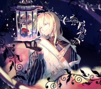 Rule 34 | 1boy, 1girl, alkaid mcgrath, alkaid mcgrath (eden), alternate eye color, black background, black gloves, black hair, black shirt, blonde hair, blurry, cardigan, chibi, closed mouth, depth of field, gloves, hair between eyes, half-closed eyes, half gloves, heroine (lovebrush chronicles), highres, holding, holding lantern, in container, in lamp, jacket, lantern, light particles, long hair, long sleeves, looking at another, looking to the side, lovebrush chronicles, male focus, medium hair, mini person, minigirl, plant, puff and slash sleeves, puffy long sleeves, puffy sleeves, red eyes, red skirt, shirt, skirt, smoke, solid eyes, turtleneck, turtleneck shirt, upper body, vines, wangulongdong, white cardigan, white jacket