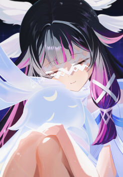 Rule 34 | 1girl, black hair, closed eyes, closed mouth, columbina (genshin impact), commentary, dress, eye mask, genshin impact, gradient hair, hair ribbon, head wings, highres, knees up, light blush, long hair, luonnotar (genshin impact), mask, multicolored hair, okashieeeeeee, purple hair, purple streaks, ribbon, signature, smile, two-tone hair, white dress, white ribbon, white wings, wings