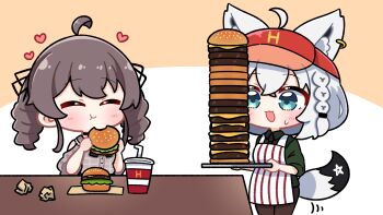 Rule 34 | 2girls, :3, ahoge, animal ear fluff, animal ear piercing, animal ears, apron, aqua eyes, black choker, black ribbon, braid, brown hair, brown pants, burger, chibi, choker, closed eyes, clothing cutout, commission, dohoon, drill hair, eating, food, fox ears, fox girl, fox tail, green shirt, heart, highres, holding, holding burger, holding food, holding plate, hololive, multiple girls, natsuiro matsuri, natsuiro matsuri (casual), necktie, open mouth, pants, pixiv commission, plate, puffy short sleeves, puffy sleeves, ribbon, shirakami fubuki, shirt, short sleeves, shoulder cutout, sweat, tail, virtual youtuber, visor cap, white apron, white hair
