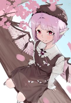 1girl absurdres animal_ears bird_ears bird_wings blush brown_dress cherry_blossoms collared_shirt commentary dress from_above hat highres long_sleeves mayosizu mystia_lorelei petals pink_eyes pink_hair pink_petals shirt short_hair sitting_on_branch smile solo touhou white_shirt wings
