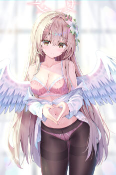 Rule 34 | 1girl, absurdres, black pantyhose, blue archive, bow, bow bra, bow panties, bra, breasts, brown hair, cleavage, closed mouth, collarbone, commentary request, feathered wings, flower, hair between eyes, hair flower, hair ornament, halo, heart, heart hands, highres, long hair, looking at viewer, medium breasts, nagisa (blue archive), natie, navel, off shoulder, panties, panties under pantyhose, pantyhose, partially unbuttoned, pink bra, pink flower, pink halo, pink panties, shirt, solo, stomach, underwear, very long hair, white flower, white shirt, white wings, wings, yellow eyes