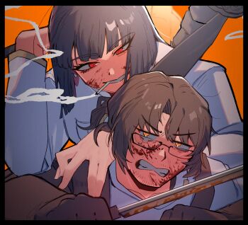 1boy 1girl absurdres angry annoyed apron bags_under_eyes beard_stubble black_border black_hair black_straps blood blood_on_cheek blood_on_face bloody_knife bloody_weapon blunt_bangs blunt_ends bob_cut border brown_gloves brown_hair cigarette cleaver clenched_hands clenched_teeth collarbone dirty dirty_face elbow_gloves eye_contact eyes_visible_through_hair facial_hair facing_viewer glaring glasses gloves gregor_(project_moon) grin hair_between_eyes half-closed_eyes hand_on_another's_head hand_up high_collar highres holding holding_cleaver holding_knife holding_weapon jacket katana kitchen_knife knife limbus_company long_hair long_sleeves looking_at_another looking_back looking_down looking_up low_ponytail lying male_focus mouth_hold on_stomach orange_background over_shoulder parted_bangs parted_lips ponytail project_moon r.b._(identity)_(project_moon) red_background red_eyes ryoshu_(project_moon) sanpaku semi-rimless_eyewear shaded_face sheath sheathed shirt short_hair sidelocks simple_background smile smirk smoke smoking strap stubble sword tears teeth tsurime turtleneck turtleneck_shirt under-rim_eyewear upper_body weapon weapon_on_back white_jacket white_shirt yellow_eyes