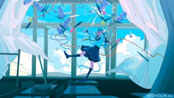Rule 34 | 1girl, absurdres, blue hair, blue sailor collar, classroom, cloud, cloudy sky, commentary request, curtains, flower, highres, kneehighs, lazool 721, lilac, no shoes, outstretched arms, sailor collar, sky, smile, socks, solo, spread arms, standing, standing on one leg, tamanoi nana, wind