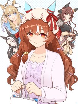 +_+ 5girls ahoge almond_eye_(umamusume) animal_ears bag black_dress black_hair blue_eyes blue_shirt blush bow bow_hairband breasts brown_hair brown_jacket closed_mouth collarbone colored_inner_hair daring_tact_(umamusume) dress ear_covers ear_ornament gentildonna_(umamusume) hair_between_eyes hair_bow hair_ornament hairband hairclip heart-shaped_ornament heart_ear_ornament highres holding horse_ears horse_girl jacket long_hair long_sleeves looking_at_viewer medium_hair mejiro_ramonu_(umamusume) mitsuno mole mole_under_eye multicolored_hair multiple_girls open_mouth pink_bow pink_shirt pointy_ears ponytail purple_shirt red_eyes ribbon shirt shopping_bag small_breasts smile star_(symbol) star_hair_ornament still_in_love_(umamusume) streaked_hair symbol-shaped_pupils umamusume veil white_hair white_hairband white_streaks white_veil x-shaped_pupils