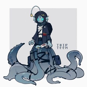 Rule 34 | 1boy, alternate species, anglerfish boy, ascot, bandaged arm, bandages, black hair, black jacket, blood, bloody bandages, blue eyes, blue skin, chinese commentary, colored skin, commentary request, english text, extra arms, extra eyes, fangs, fins, full body, grey background, head fins, highres, illicium, jacket, kuame 03, looking at viewer, male focus, monster boy, octopus boy, pressure (roblox), sebastian solace, short hair, simple background, skin fangs, solo, tentacles, white ascot