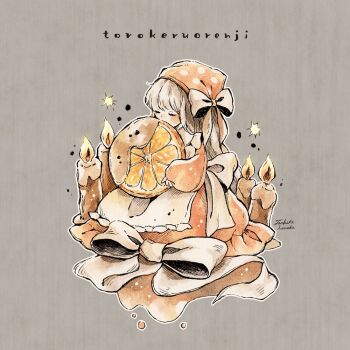 1girl artist_name bandana blonde_hair bow candle closed_mouth commentary_request dress food fruit full_body grey_background holding holding_food holding_fruit long_hair long_sleeves orange_(fruit) orange_bandana orange_dress orange_slice original oversized_food oversized_object polka_dot polka_dot_bandana signature solo tookita_honoka traditional_media