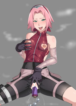 1girl anal_beads bare_shoulders beads bike_shorts blush breasts censored clothing_cutout crotchless double_penetration embarrassed female_focus gloves gozaru grabbing_own_breast green_eyes grey_background groin haruno_sakura headband heart heart_censor heart_cutout highres konohagakure_symbol legs looking_at_viewer naruto_(series) nipple_cutout nipple_piercing nippleless_clothes nipples no_panties object_insertion open_mouth piercing pink_hair pussy pussy_juice scroll grabbing_own_breast sex_toy short_hair simple_background small_breasts smile solo spread_legs spread_pussy squatting steaming_body thighs vaginal vaginal_object_insertion zipper