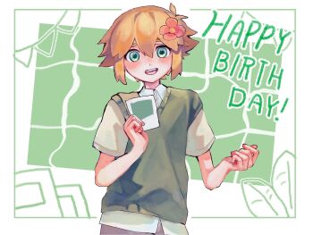 Rule 34 | 1boy, :d, antenna hair, bare arms, basil (faraway) (omori), basil (omori), blonde hair, blush, border, brown pants, buttons, collared shirt, commentary request, cowboy shot, double-parted bangs, english text, eyebrows hidden by hair, flipped hair, flower, green background, green eyes, green sweater vest, hair between eyes, hair flower, hair ornament, hands up, happy birthday, highres, holding, inset border, leaf, male focus, omori, open mouth, outside border, pants, photo (object), pink flower, raised inner eyebrows, shirt, short hair, short sleeves, sidelocks, simple background, smile, solo, standing, straight-on, sweater vest, tareme, teeth, tokkooyaku, tongue, upper teeth only, white border, white shirt