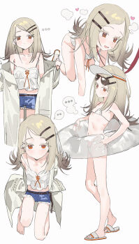 1girl all_fours bare_shoulders barefoot bikini blonde_hair blue_shorts blush camisole closed_mouth collarbone denim denim_shorts eyewear_on_head flat_chest flip-flops gakuen_idolmaster hair_ornament hairclip heart highres holding holding_leash idolmaster innertube kneeling leash loli long_hair looking_at_viewer measho multiple_views navel off_shoulder open_clothes open_mouth orange_eyes sandals shinosawa_hiro short_shorts shorts simple_background standing sunglasses swim_ring swimsuit visor_cap white_background white_bikini