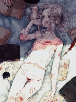 1boy 1girl bandaid black_nails bleeding blood breasts camisole cuts expressionless fingernails gauze grey_eyes grey_hair highres holding_hands injury inkwell kurashiki_touka looking_at_another original panties quill sharp_fingernails short_hair small_breasts solo_focus underwear white_panties