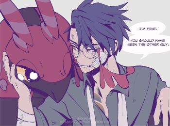 Rule 34 | 1boy, arm rest, bandaged arm, bandages, black hair, bruise, bruise on face, chest tattoo, collared shirt, commentary, corbeau (pokemon), english commentary, english text, gauze, gauze on cheek, gen 5 pokemon, glasses, grey background, hand on another's face, highres, injury, kookirani, looking at another, looking to the side, male focus, necktie, nintendo, open collar, parted hair, pokemon, pokemon (creature), pokemon legends: z-a, round eyewear, scolipede, shirt, short hair, sideways glance, sitting, smile, speech bubble, tassel, tattoo, tears, twitter username, undone necktie, uneven eyes, watermark, white necktie, yellow eyes
