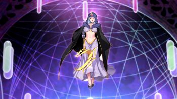 1girl blue_hair breasts cloak floating game_cg gloves hand_on_own_hip hood jewelry large_breasts large_variant_set lunaris_(lunaric_angels) magic_circle midriff nanao_(mahaya) navel non-web_source ochite_iku_seisenshi_lunatic_angels official_art open_mouth purple_eyes purple_hair solo staff underboob variant_set