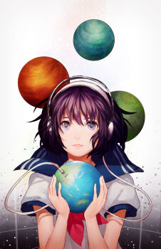 1girl bad_id bad_pixiv_id earth_(planet) fingernails headphones holding nagu original parted_lips planet plug purple_eyes purple_hair short_hair star_(symbol) wire
