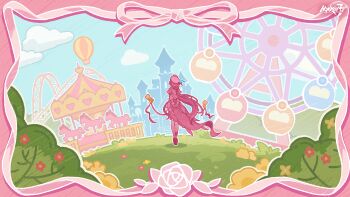 1girl amusement_park beret blue_sky carousel commentary dress elysia_(hi_love_elf)_(honkai_impact) elysia_(honkai_impact) english_commentary game_cg grass hat highres honkai_(series) honkai_impact_3rd long_hair official_art outdoors pink_hair sky solo very_long_hair