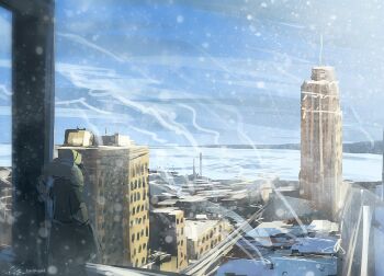 Rule 34 | 1other, artist name, black coat, blue sky, building, cloud, cloudy sky, coat, day, feet out of frame, from behind, fur collar, hands in pockets, hood, hood up, leaning to the side, mountainous horizon, on rooftop, original, outdoors, scenery, signature, sky, skyscraper, smoke, snow, standing, zandra