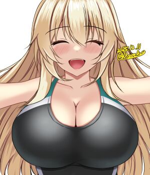 Rule 34 | 1girl, atago (kancolle), black one-piece swimsuit, blonde hair, blush, breasts, cleavage, closed eyes, collarbone, commentary request, competition swimsuit, dated, green one-piece swimsuit, highres, kantai collection, large breasts, long hair, montemasa, one-piece swimsuit, open mouth, pan-pa-ka-paaan!, signature, smile, solo, swimsuit, two-tone swimsuit, upper body, white background