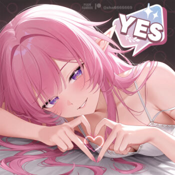 1girl alternate_costume artist_name bare_shoulders blush breasts cleavage commentary cyrene_(honkai:_star_rail) diamond-shaped_pupils diamond_(shape) english_commentary english_text fingernails four-finger_heart_hands heart heart_hands honkai:_star_rail honkai_(series) long_pointy_ears looking_at_viewer lowres medium_breasts nail_polish parted_lips pink_nails pointy_ears purple_eyes shrimp_cake sidelocks smile solo symbol-shaped_pupils