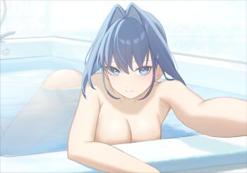 1girl bathing bathroom bathtub blue_eyes blue_hair breasts cleavage closed_mouth commentary completely_nude fanged_bangs hair_between_eyes hair_flaps hair_intakes highres hololive hololive_english indoors large_breasts looking_at_viewer nude ouro_kronii partially_submerged reaching reaching_towards_viewer resu_desu short_hair smile solo symbol-only_commentary virtual_youtuber