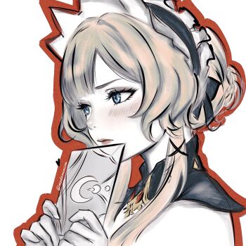 1girl bare_shoulders black_collar black_ribbon blue_eyes blush bonnet brown_hair closed_mouth collar commentary crescent crescent_moon detached_collar genshin_impact gloves hair_bun hair_ribbon headdress highres holding holding_letter letter long_sidelocks mdamemiina moon outline red_outline ribbon sandrone_(genshin_impact) short_hair_with_long_locks sidelocks simple_background solo untranslatable_commentary white_background white_headdress