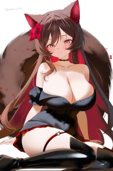 Rule 34 | 1girl, animal ears, bare shoulders, black boots, black choker, black dress, boots, breasts, brown hair, choker, cleavage, collarbone, colored inner animal ears, commission, detached sleeves, double-parted bangs, dress, emirisu, heart, heart o-ring, highres, indie virtual youtuber, knee boots, large breasts, lilpoogi, long hair, looking at viewer, o-ring, o-ring thigh strap, pink eyes, puffy detached sleeves, puffy sleeves, short dress, sidelocks, simple background, sitting, skindentation, solo, strapless, strapless dress, tail, thigh strap, very long hair, virtual youtuber, white background, yokozuwari