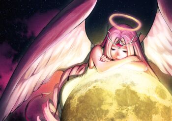 Rule 34 | 1girl, angel, angel wings, cookie run, cookie run: kingdom, demon tail, dress, eternal sugar cookie, halo, highres, humanization, long hair, looking at object, moon, nifast (greentail), parted bangs, pink clouds, pink nails, space, tail, tiara, white dress, wings