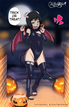 1girl aged_down bare_hips black_eyes black_hair black_leotard black_shoes black_sleeves black_thighhighs blurry blurry_background breasts condom covered_erect_nipples cum cum_in_container demon_girl demon_horns demon_tail demon_wings detached_sleeves fellatio_gesture female_focus full_body half-closed_eyes hands_up horns implied_hetero leotard loli looking_at_viewer matching_hair/eyes moon naruto_(series) naughty_face night nightmare_hdraw open-toe_shoes open_mouth shizune_(naruto) shoes short_hair small_breasts smile solo tail teeth thighhighs toes tongue tongue_out upper_teeth_only used_condom variant_set wings