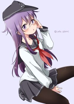 1girl akatsuki_(kancolle) anchor_symbol bespectacled between_legs black_hat black_pantyhose black_sailor_collar black_skirt blush collarbone commentary_request feet_out_of_frame flat_cap from_side glasses hair_between_eyes hand_between_legs hat kantai_collection long_hair long_sidelocks long_sleeves looking_at_viewer motohara_moka neckerchief pantyhose parted_lips pin pleated_skirt purple_background purple_eyes purple_hair red_neckerchief sailor_collar school_uniform serafuku shirt sidelocks simple_background sitting skirt solo spread_legs turning_head twitter_username very_long_hair white_shirt