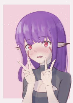 breasts cleavage double_v esil_radiru facepaint highres pointy_ears purple_hair red_eyes sharp_teeth solo_leveling teeth v