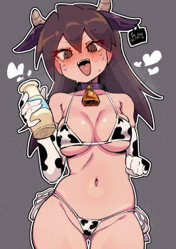 1girl absurdres animal_ears animal_print bikini black_bikini black_eyes blush bottle breasts breath brown_hair buzzlyears commentary cow_ears cow_horns cow_print cow_print_bikini cowboy_shot english_commentary grey_background highres holding holding_bottle horns medium_breasts medium_hair mega_man_(series) mega_man_legends_(series) milk_bottle multicolored_bikini open_mouth print_bikini ringed_eyes side-tie_bikini_bottom simple_background solo sweat swimsuit tongue tongue_out tron_bonne_(mega_man) two-tone_bikini white_bikini