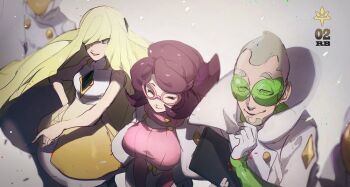 1boy 2girls 2others aether_foundation aether_foundation_employee bad_id bad_twitter_id blonde_hair blurry breasts closed_eyes closed_mouth commentary_request dress eyelashes faba_(pokemon) facial_hair from_above gem glasses gloves green-tinted_eyewear green_eyes green_gem grey_hair hair_over_one_eye hand_on_own_chin hand_up lusamine_(pokemon) multiple_boys multiple_girls multiple_others nintendo no-kan pointing pokemon pokemon_sm purple_hair ribbed_sweater sleeveless sleeveless_dress smile stroking_own_chin sweater tinted_eyewear white_gloves wicke_(pokemon)
