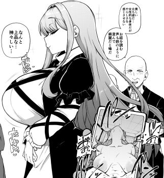 1boy 1girl bald breasts buddhist_nun closed_mouth commentary_request cross-laced_clothes cross-laced_dress dress female_pubic_hair greyscale head_back highres hijiri_byakuren himajin_noizu huge_breasts implied_sex juxtaposition large_areolae layered_dress long_hair monochrome nipples open_mouth pubic_hair simple_background smile touhou translation_request upper_body viewer_holding_phone