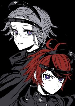 2boys ahoge aotsuki_eito back-to-back black_background black_cape black_hair black_jacket blue_eyes bright_pupils cape chinese_commentary closed_mouth colored_skin commentary_request eyelashes glasses grey_hair highres jacket kardo-q last_defense_academy_school_uniform male_focus multicolored_hair multiple_boys red_hair sanpaku school_uniform semi-rimless_eyewear simple_background sketch smile streaked_hair sumino_takumi the_hundred_line_-last_defense_academy- tsurime two-tone_hair white_pupils white_skin