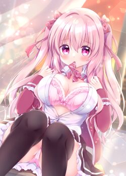 1girl black_skirt black_thighhighs blush bow bowtie bra breasts buttons chiika_(cure_cherish) cleavage collared_shirt feet_out_of_frame frilled_bra frilled_skirt frills hair_bow in_mouth jacket large_breasts long_hair looking_at_viewer open_clothes original paid_reward_available panties pink_bra pink_eyes pink_hair pink_panties red_bow red_jacket school_uniform shirt sitting skirt solo striped_bow thighhighs two_side_up underwear white_shirt