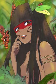 Rule 34 | 1girl, absurdres, black hair, brazil, brchan, breasts, brown eyes, commentary, dark-skinned female, dark skin, english commentary, facepaint, feather hair ornament, feathers, finger to face, foliage, food in mouth, from side, guarana, hair ornament, hair over breasts, highres, hime cut, kuruminha, leaf, long hair, looking at viewer, matsudart, medium breasts, mouth hold, signature, smile, string, teeth, topless female, upper body, very long hair