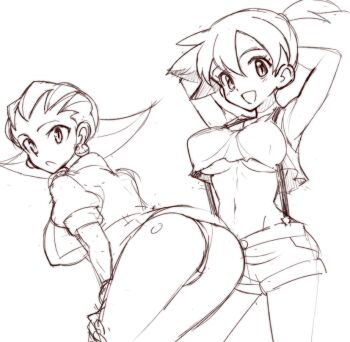 2girls armpits arms_behind_head arms_up ass asymmetrical_hair bent_over breasts crop_top crop_top_overhang earrings gym_leader hair_pulled_back hair_slicked_back jewelry large_breasts looking_at_viewer looking_back love_r_gene mega_man_(series) mega_man_legends_(series) midriff misty_(pokemon) monochrome multiple_girls navel nintendo open_mouth panties pantyhose pokemon pokemon_rgby ponytail short_hair short_shorts shorts side_ponytail simple_background sketch smile suspenders tron_bonne_(mega_man) underboob underwear white_background