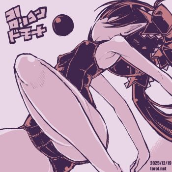 1girl all_fours armpits backbeako_(torotei) backbeard bare_legs breasts commentary crab_walk dated dated_commentary dutch_angle gegege_no_kitarou hair_ribbon kono_lolicon_domome long_hair monochrome one-piece_swimsuit original paid_reward_available petite pink_background pink_theme pointy_ears ribbon simple_background small_breasts solo swimsuit torotei translated twintails watermark web_address