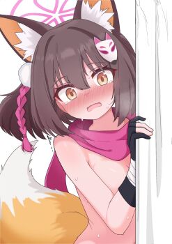 1girl @_@ animal_ear_fluff animal_ears black_gloves blue_archive blush breasts brown_eyes brown_hair commentary eyeshadow fang fox_ears fox_girl fox_hair_ornament fox_tail gloves hair_between_eyes hair_ornament halo izuna_(blue_archive) jchanmul looking_at_viewer makeup mask naked_scarf nose_blush partially_fingerless_gloves pink_eyeshadow pink_halo pink_scarf pom_pom_(clothes) pom_pom_hair_ornament red_scarf scarf skin_fang solo sweat tail